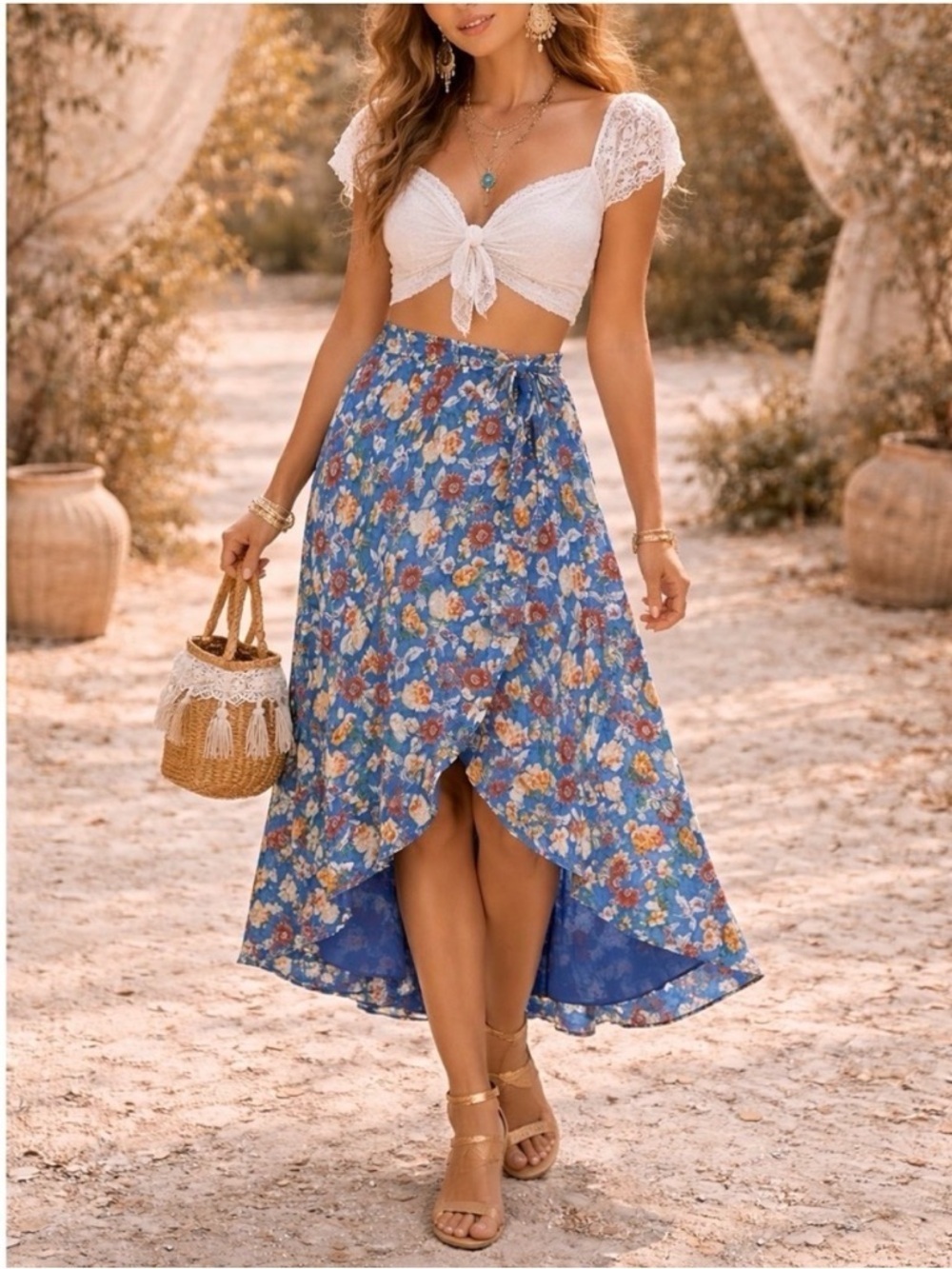 Lauren Ralph Lauren 8P Blue Floral Silk Chiffon Wrap Skirt Tie Waist Midi